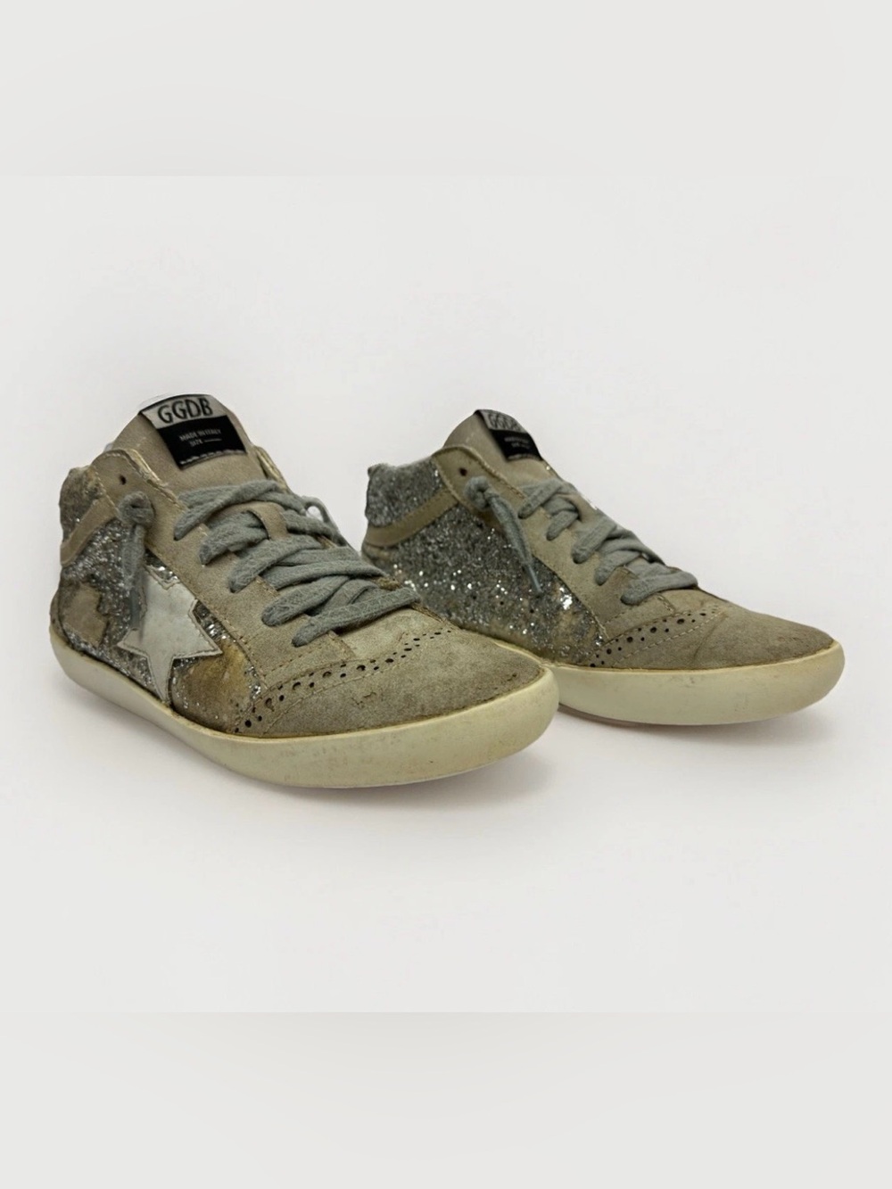 Golden Goose Gray Suede Sneakers with Silver Glitter Star